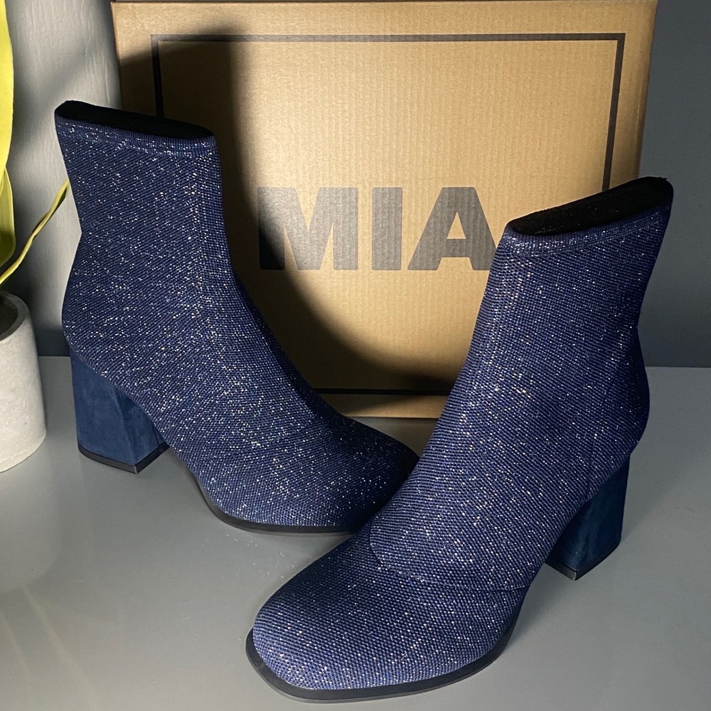 MIA Piana Navy Blue Glitter Knit Sock Ankle Boots Size7M‎
